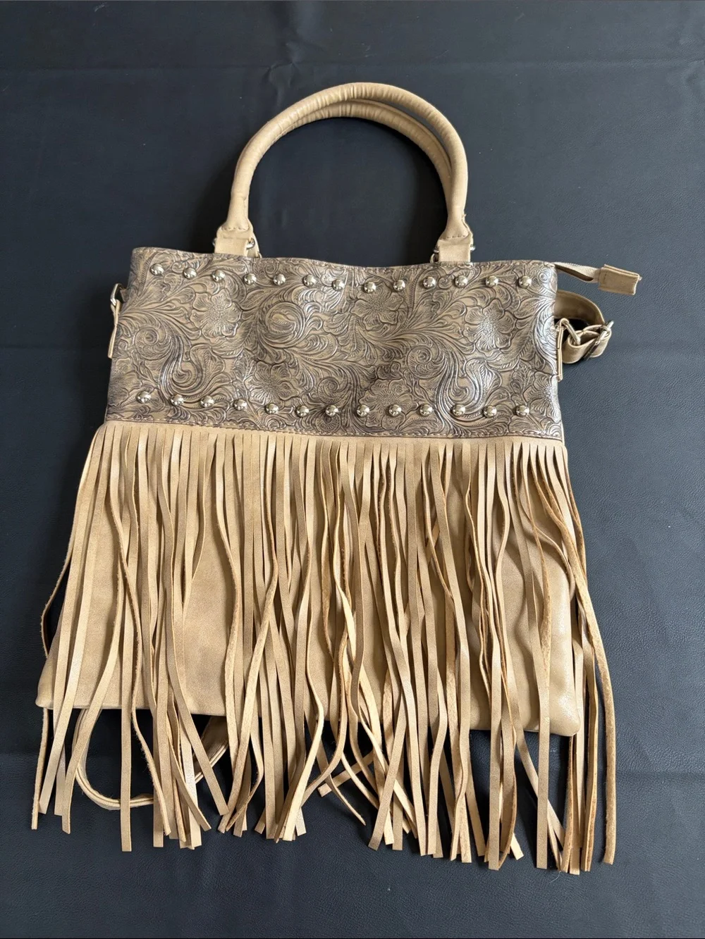 Cato Tan Tooled Floral Studded Fringe Satchel Crossbody Bag